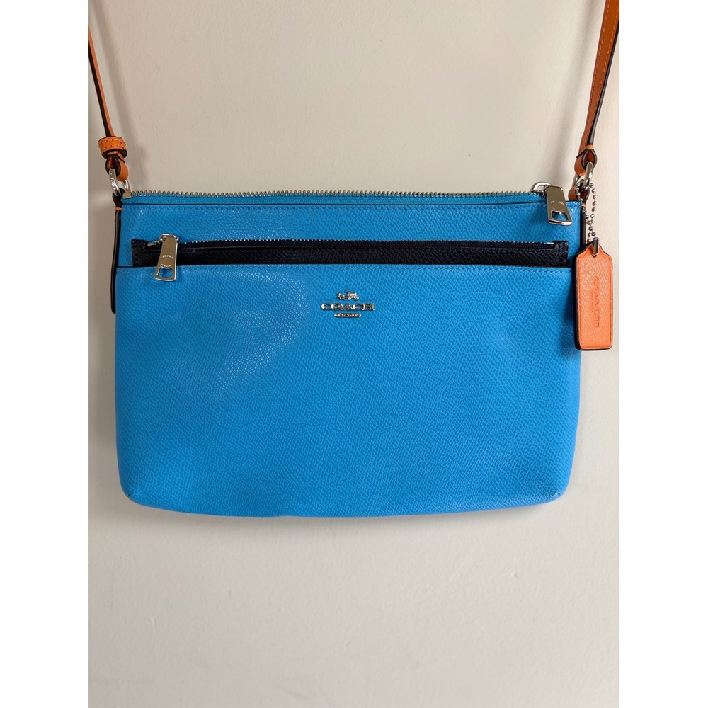 Coach Crossgrain Leather Crossbody Bag Blue Orange Navy Zip Pouch
